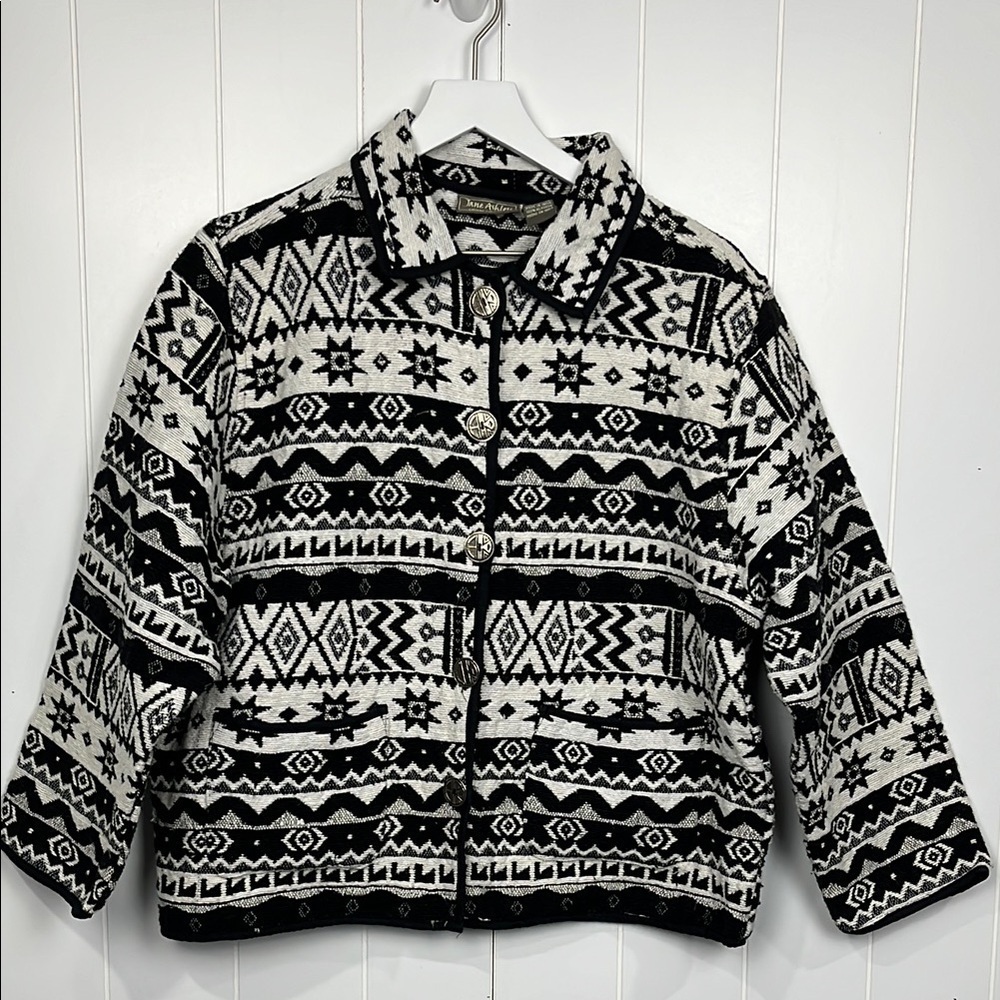 Jane Ashley Womens Jacket L Black/Cream Button Up Pockets Aztec Print Retro Boho